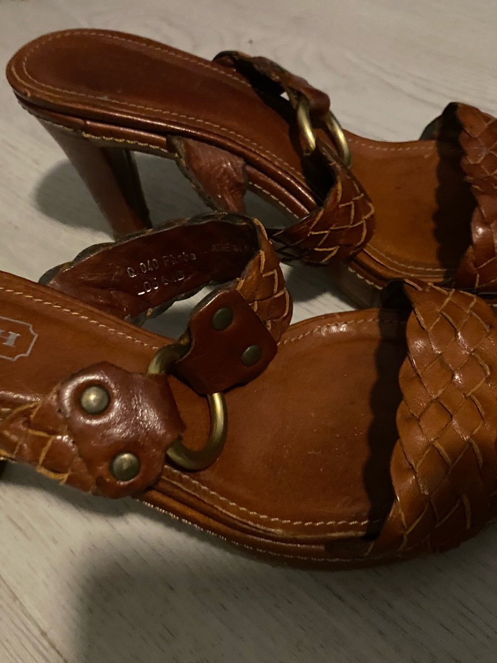 Coach Cognac Braided Leather Heeled Sandals with Brass Ring